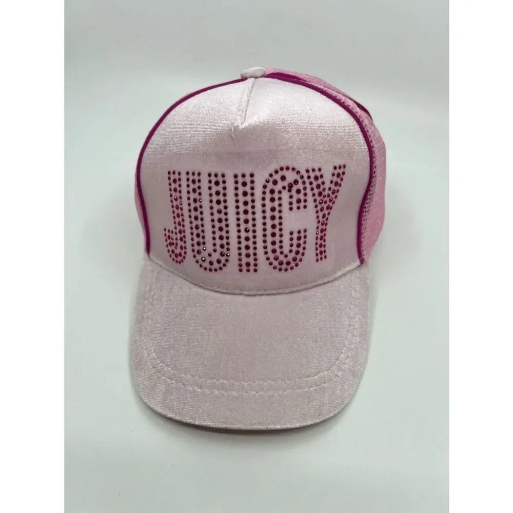 Juicy Couture Kid’s Baseball Cap Pink Velour with Jeweled Logo Trucker Mesh